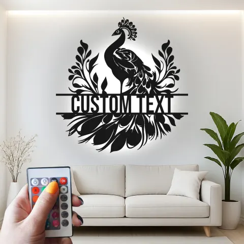 Vista alternativa di Insegna in metallo personalizzata con LED a forma di pavone regalo per decorazione casa accento elegante per soggiorno
