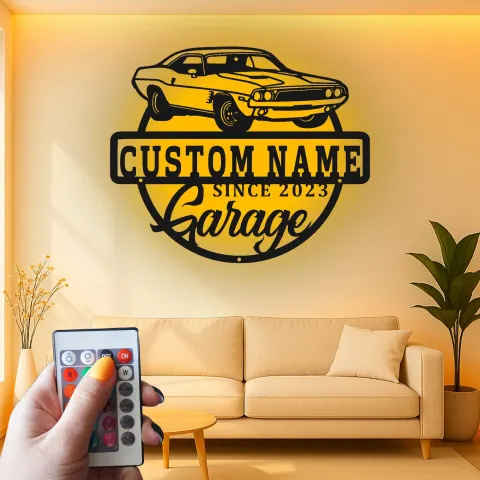 Vista alternativa di Insegna LED in metallo con muscle car su misura | Arte da parete personalizzata per garage | Arredo vintage per auto | Regalo per appassionati di auto | Arredo industriale per man cave