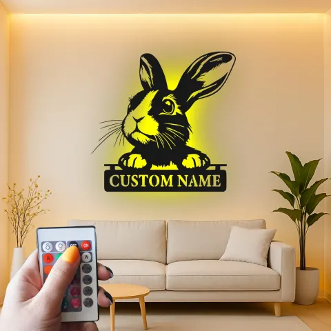 Vista alternativa de Cartel de metal personalizado con luz LED de conejo para amantes de mascotas, regalo para decoración de guardería o habitación infantil