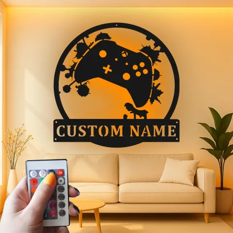 Vista alternativa di Insegna gamer personalizzata | Insegna LED in metallo personalizzata | Decorazione per sala giochi per ragazzi e uomini | Targa luminosa con controller e nome