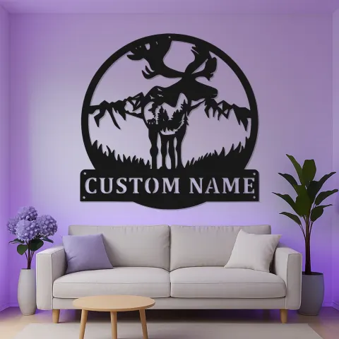 Vue alternative de Panneau en métal personnalisé avec élan | Art mural faunique personnalisé avec lumières LED | Décoration de cabane rustique et cadeau pour chasseur