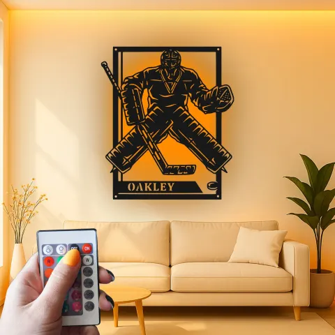 Personalisierte Metall-Schild für Hockey-Torwart | LED-Licht-Wandkunst | Individuelle Namensdekoration für Spielzimmer | Geschenk für Hockeyspieler alternative Ansicht