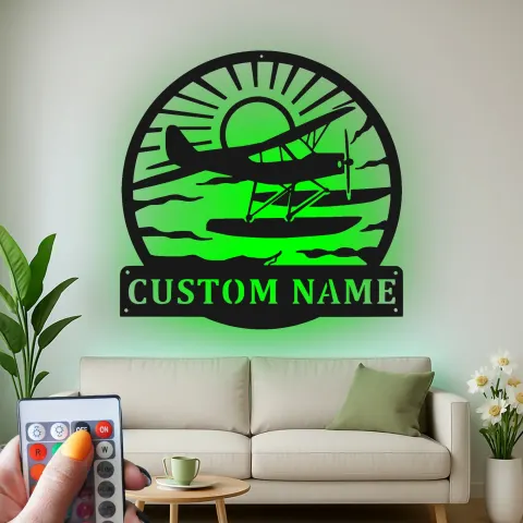 Vue alternative de Panneau en métal flottant personnalisé | Décoration murale en métal rétroéclairée | Décor de hydravion pour cadeau de pilote et maison au bord du lac