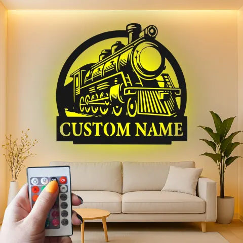 Vista alternativa de Cartel de metal LED de locomotora de vapor personalizado, regalo para entusiastas del tren, decoración para man cave u oficina