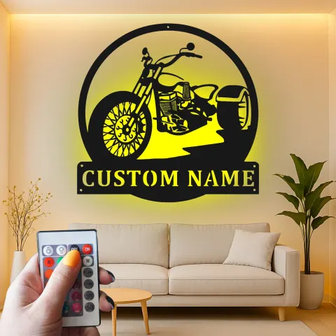 Individuelles Motorrad-Metallschild mit LED-Lichtern | Personalisierte Biker-Garagen-Dekoration | Männerraum-Geschenk | Vintage Chopper Wandkunst alternative Ansicht