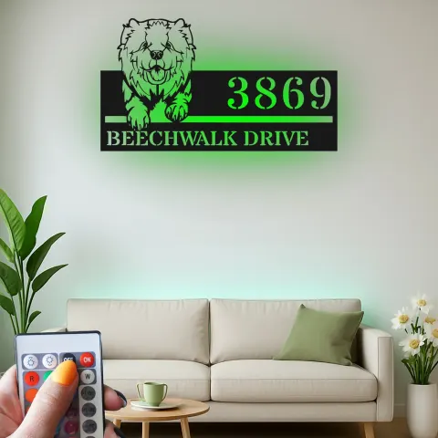 Personalisierte Chow-Chow Adress-LED-beleuchtete Metall-Wandkunst – Geschenk für Hundeliebhaber, Outdoor-Hausdeko alternative Ansicht