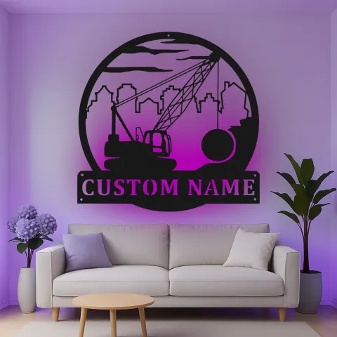 Vista alternativa de Cartel de metal personalizado con luz LED de grúa de construcción, regalo único para decoración de oficina o taller de constructores