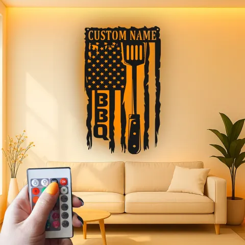Vue alternative de Décoration murale en métal personnalisée Spatule BBQ avec rétroéclairage LED Cadeau pour Maître du Grill Décor de Patio Extérieur