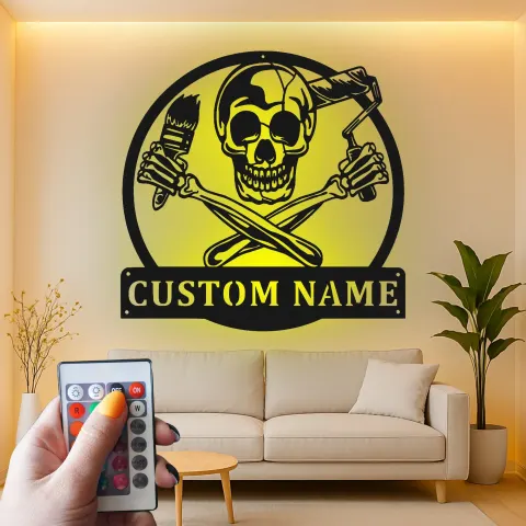 Vista alternativa di Insegna Pittore Teschio Personalizzata | Arte in Metallo LED per Studio | Decorazione Gotica per Artisti | Logo con Pennello e Rullo Incrociati