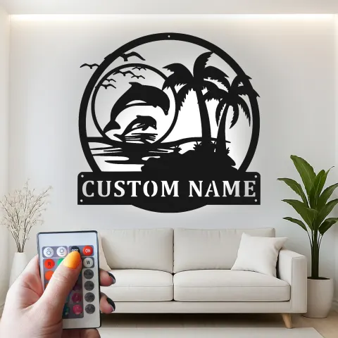 Custom Dolphin and Palm Tree Led Light Metal Wall Art Beach Lover Gift Tropical Decor for Living Room alternate view