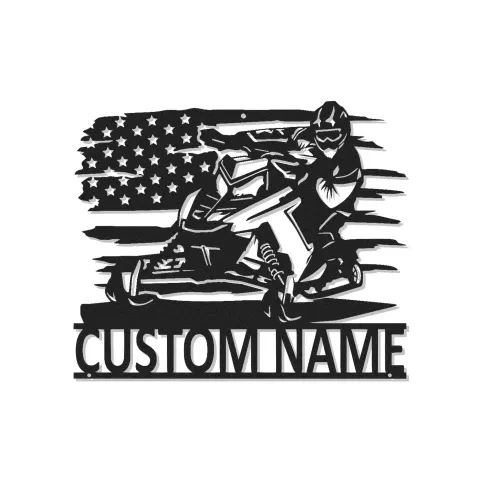 Cartel de metal LED personalizado de moto de nieve | Decoración mural de bandera americana personalizada | Decoración para man cave y garaje | Regalo para aficionados a los deportes de invierno
