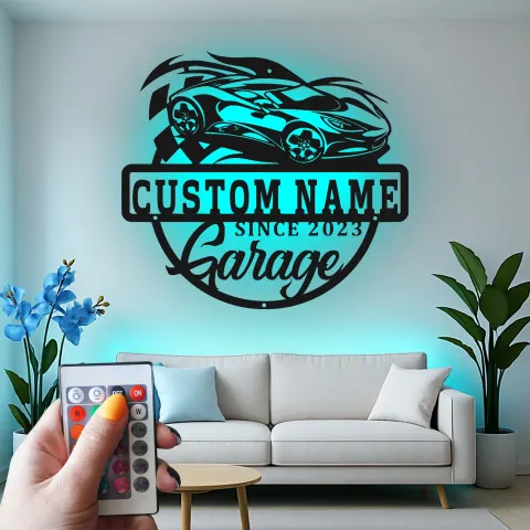 Vue alternative de Décoration murale en métal personnalisée pour garage de voiture de sport avec rétroéclairage LED - Cadeau pour passionnés de voitures