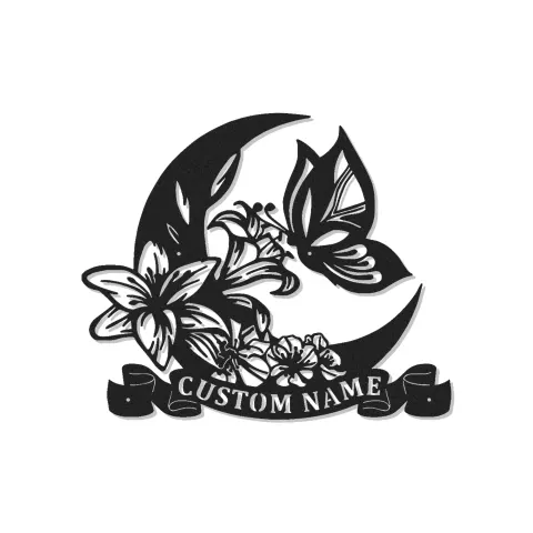 Décoration murale en métal personnalisée avec lune et papillon en rétroéclairage - Cadeau personnalisé pour elle, décoration de chambre ou de nursery