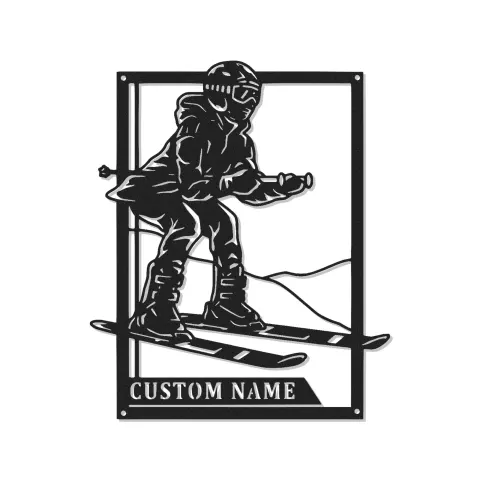 Personalisierte LED Metall-Wandkunst mit Alpen-Skifahrer | Individuelle Ski-Dekoration | Geschenk für Wintersportler | Modernes Cabin-Schild