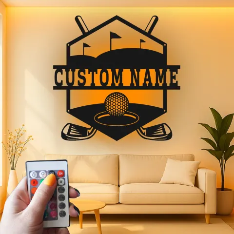 Personalized Golf Sign with LED Light | Custom Metal Name Art for Wall | Home Bar & Game Room Decor | Gift for Golfer alternate view