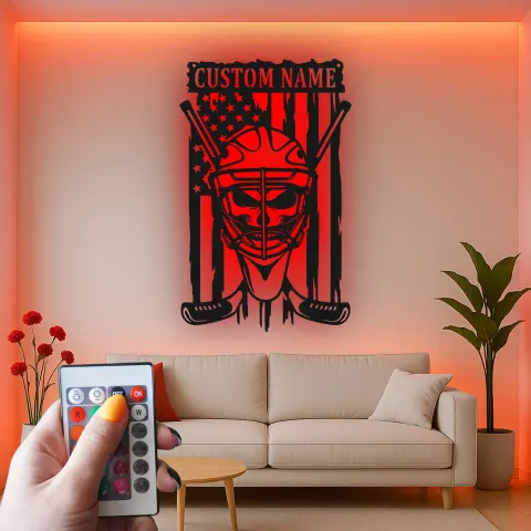 Vue alternative de Panneau personnalisé pour gardien de hockey | Décoration murale LED en métal | Décor chambre ado et pièce loisirs | Cadeau pour joueur de hockey
