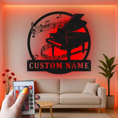Vista alternativa de Cartel LED de piano personalizado | Arte mural de metal para músicos | Decoración de nombre personalizada para estudio | Luz de silueta de piano de cola