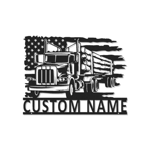 Arte de metal personalizado de camión maderero | Cartel con nombre de camionero y luces LED | Decoración para sala de ocio con bandera estadounidense | Regalo patriótico