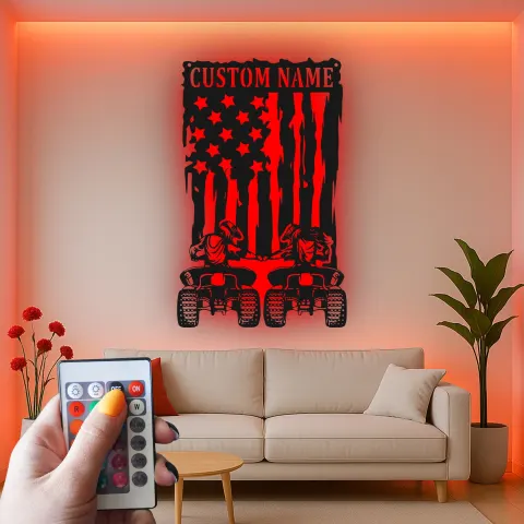 Personalisierte ATV-Fahrer Amerikanische Flagge LED-Licht Metall-Wandkunst Abenteuer Geschenk für Ihn Garage oder Man Cave Dekor alternative Ansicht