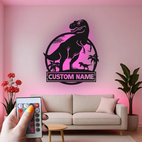Vista alternativa de Cartel de metal personalizado de luz LED de dinosaurio T-Rex para regalo en habitación de niños o decoración de sala de juegos