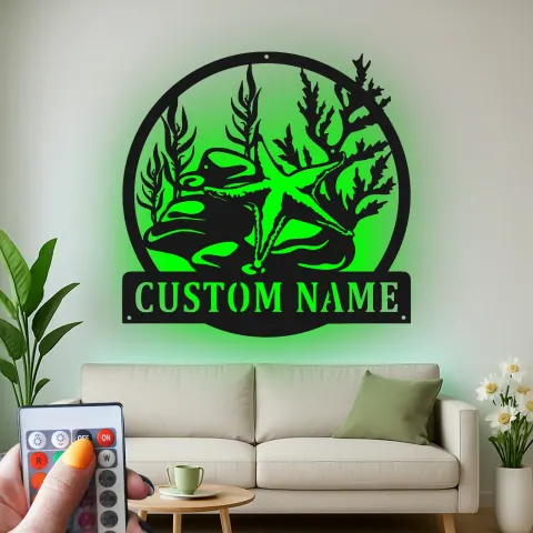 Vista alternativa de Señal de estrella de mar personalizada | Arte mural LED náutico | Decoración personalizada para casa de playa | Luz de escena oceánica costera