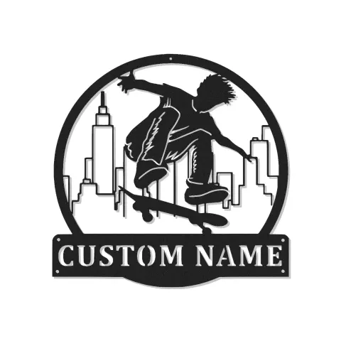 Insegna LED con nome per skateboarder | Arte da parete in metallo personalizzata per camera dei ragazzi | Decorazione urbana per skater personalizzata | Regalo per figlio