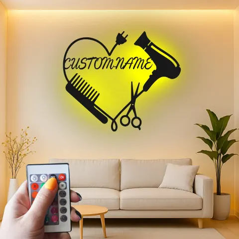 Vista alternativa di Insegna LED per hairstylist su misura | Arte murale personalizzata in metallo per arredo salone | Targa per studio beauty | Regalo per parrucchiere