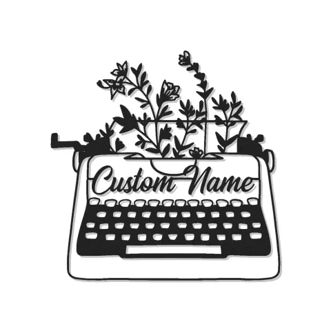 Insegna in metallo LED personalizzata con macchina da scrivere e fiori - Regalo per scrittori