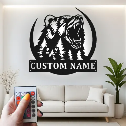 Custom Bear Forest Led Light Metal Wall Art Personalized Gift for Outdoor Enthusiasts Cabin or Lodge Decor alternate view