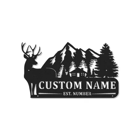 Décoration murale en métal personnalisée avec scène de montagne et cerf - Cadeau de cabane rustique - Décor de chalet