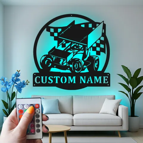 Personalisierte Sprintwagen-Metallschild | Personalisierte LED-Rennwagen-Wandkunst | Geschenk für Rennfahrer-Garage oder Männerhöhle Dekor alternative Ansicht