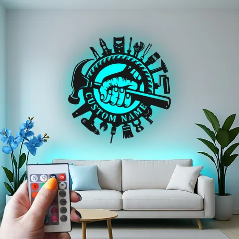 Vista alternativa de Cartel de manitas personalizado | Decoración mural LED de metal para garaje | Decoración de taller personalizada | Regalo para carpintero o ebanista