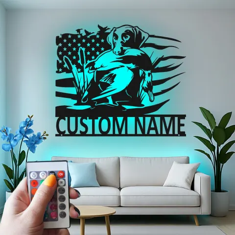 Personalisierte Labrador Jagdschild | LED Metall Wandkunst für Jäger | Individuelle Entenjagd Dekoration mit amerikanischer Flagge | Geschenk für die Hütte alternative Ansicht