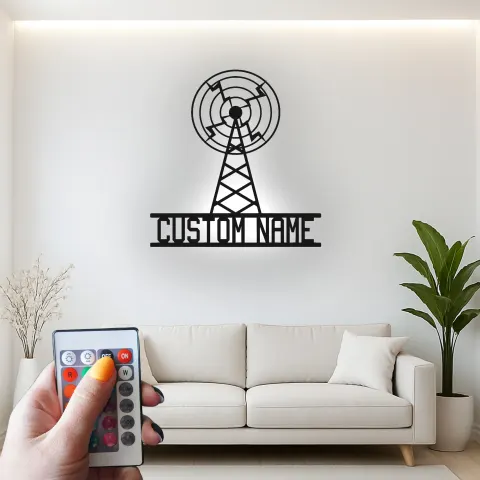 Vue alternative de Décoration murale en métal LED de tour de radio personnalisée | Panneau de diffusion rétro personnalisé | Décor d'antenne radio vintage pour studio et bureau