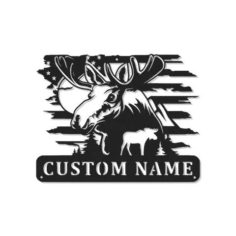 Insegna in Metallo Personalizzata con Alce e LED | Insegna per Decorazione di Lodge e Cabin | Regalo Rustico per Cacciatori con Bandiera Americana