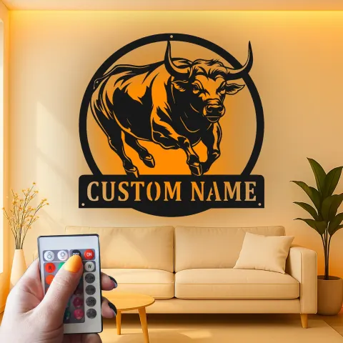 Custom Bull Led Light Metal Wall Art Personalized Gift for Ranch Owners Rustic Farmhouse Decor alternate view