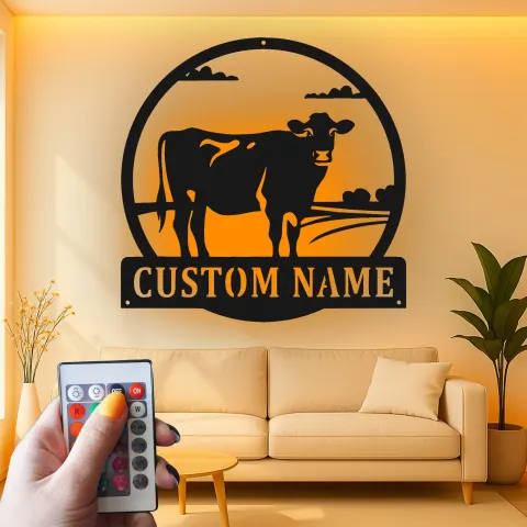 Vue alternative de Décoration murale en métal LED personnalisée de vache - Cadeau de ferme rustique - Décor de grange pour amoureux des animaux