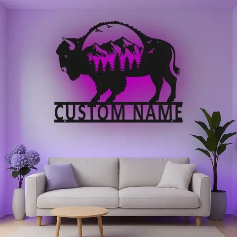 Personalisierte Bison-Bergszene LED-beleuchtetes Metallschild Geschenk für Naturliebhaber Rustikale Wohnzimmer-Dekoration alternative Ansicht