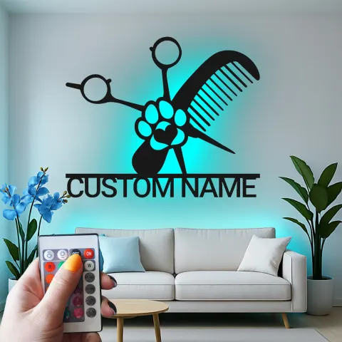 Personalisierte Tierfriseur-Schild | Individuelles Metall-LED-Wandkunst | Dekor für den Friseursalon mit Namen | Scheren- und Kamm-Logo alternative Ansicht