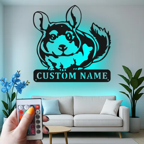 Vista alternativa di Insegna in metallo LED personalizzata per amanti dei chinchilla, regalo per animali da compagnia, decorazione per camera da letto