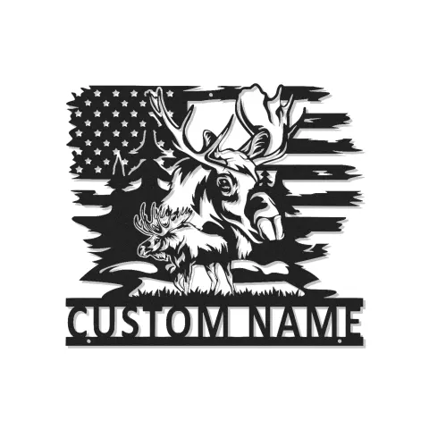 Personalisiertes Elch-Metallschild | LED-Schild mit amerikanischer Flagge | Rustikale Hütten-Dekoration für Jäger & Wildtierliebhaber