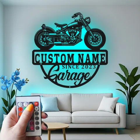 Personalisiertes Motorrad Garagenschild | Individuelle Biker Namenskunst mit LED-Lichtern | Vintage Cruiser Metall-Wanddekoration | Geschenk für Ihn alternative Ansicht