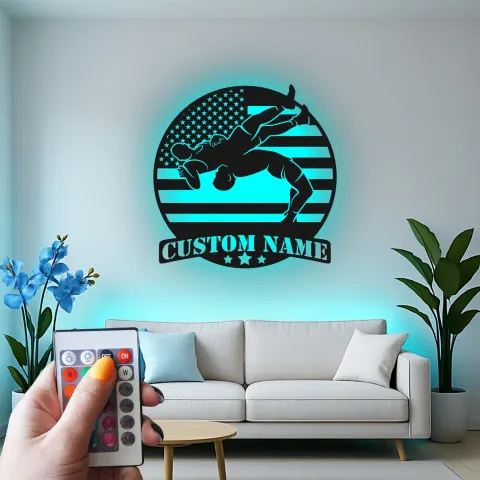 Vista alternativa de Cartel de metal personalizado con luz LED de lucha libre, regalo personalizado para luchadores, decoración de sala deportiva