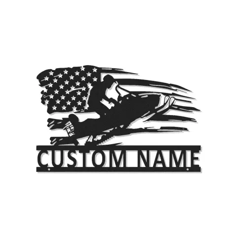 Arte murale in metallo per motoslitta personalizzata | Insegna LED con bandiera americana | Decorazione per man cave e garage | Regalo per appassionati di motoslitta
