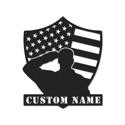 LED Metall Wandkunst des salutierenden Soldaten | Personalisierte Veteranen-Geschenk | Individuelles Militär Namensschild für Man Cave