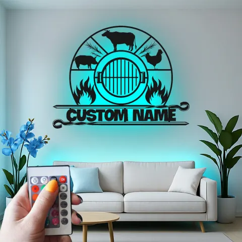 Vue alternative de Décoration murale en métal personnalisée BBQ de la ferme avec rétroéclairage