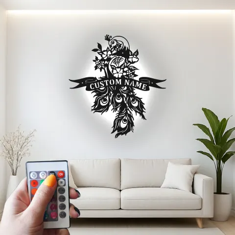 Custom Peacock Led Light Metal Wall Art Personalized Gift for Couples Elegant Living Room Decor alternate view