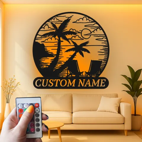 Vista alternativa de Cartel de metal LED personalizado con atardecer en la playa, regalo costero para parejas, decoración para sala de estar o patio