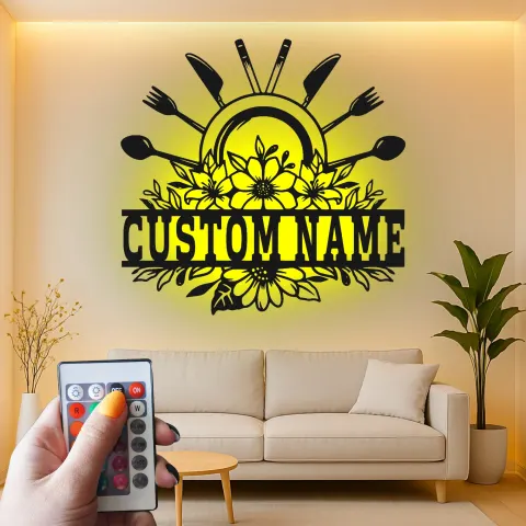 Vista alternativa de Cartel de nombre de cocina personalizado | Arte mural LED de metal con flores | Decoración de utensilios de chef personalizada | Regalo para mamá de restaurante y cocina en casa