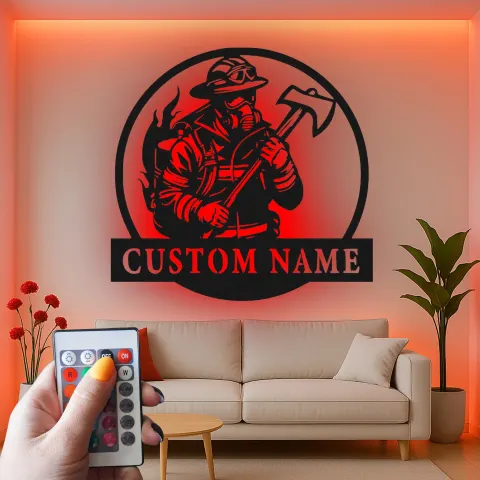 Individuelles Feuerwehr LED-Metallschild | Personalisierte Feuerwehrmann Wandkunst | Dekor für Ersthelfer im Feuerwehrhaus oder Man Cave alternative Ansicht